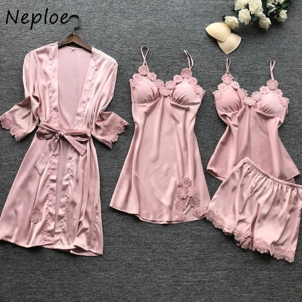 Neploe Pigiama da donna Set da donna Sexy in raso di pizzo Sleepwear 4 pezzi Abito da notte Camicia da notte Pigiama Lounge Pijama 210423