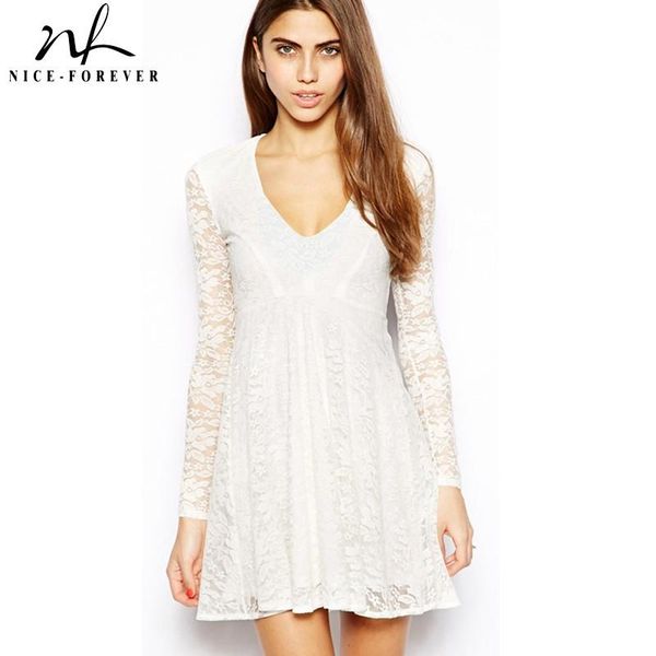 

casual dresses nice-forever autumn women elegant white lace a-line shortest dress btyb32, Black;gray