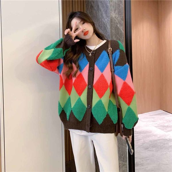

design women winter sweater coat crew collar ladies loose knit cardigan outwear plaid color block, White;black