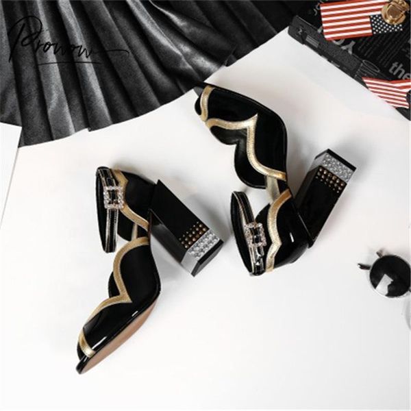 

prowow fashion women summer sandals open toe black buckle strap chunky high heel party wedding shoes woman