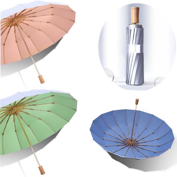 

umbrellas 16 ribs umbrella titanium silver anti uv sun rain windproof 3 folding for women men super sunscreen upf50+