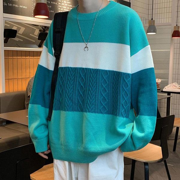 

men's sweaters 2021 japanese round neck plus size fat sweater loose thin youth black casual stripe pullover recommend, White;black