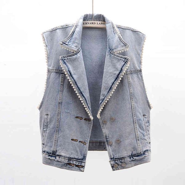 

jacket summer vintage blue denim women beading suit collar loose waistcoat sleeveless jacket ladies casual short jeans vest female, Black;brown