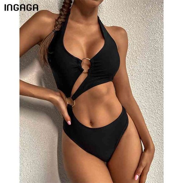 Ingaga Black Swimsuits Mulheres Pusham Swimwear Cortar Monokini Sexy Alto Bodysuits Bandage Halter Bathers 210630