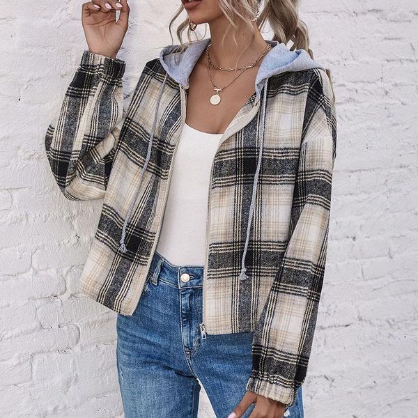 

women's jackets plaid jacket autumn hooded zipper coat long sleeve for women 2021 casual outerwear coats drop, Black;brown