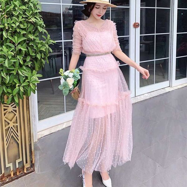 

summer runway dress elegant women v-neck short sleeve pink polka dot mesh pleated long dresses 210529, Black;gray