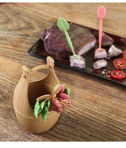 

forks 1set 1pc lovely bucket+6pcs fork fruits plastic vegetable fruit snack dessert holder for party ok 0325