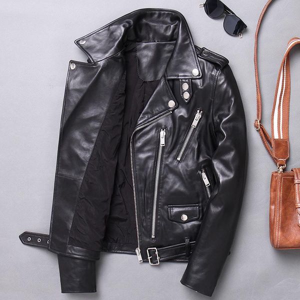 

women's leather & faux sheepskin coat short genuine jacket women clothes biker motorcycle slim fit chaquetas mujer 2021 x-1763n kj3648, Black