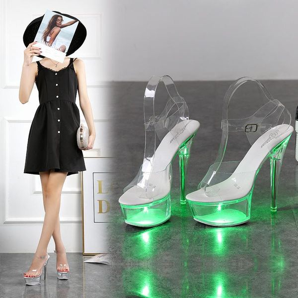 

large size 34-43 sandals 15cm clear heel light-emitting pvc platform buckle strap super high heels thin solid women's shoes, Black
