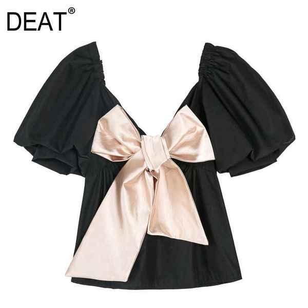 

[deat] summer fashion black splicing bow square collar puff sleeve temperament elegant women shirt 13q072 210527, White