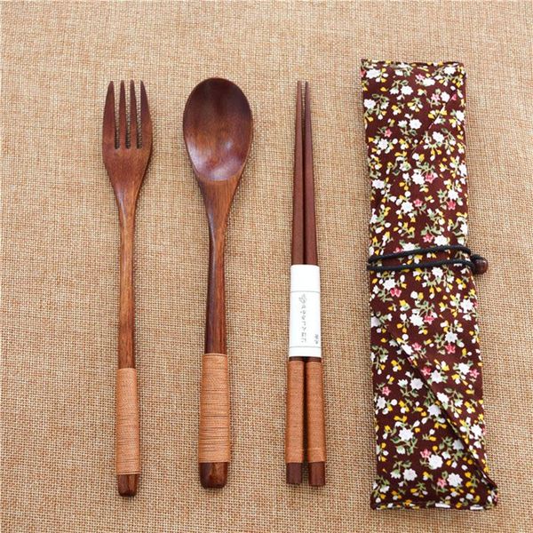 

dinnerware sets portable tableware wooden cutlery with useful spoon fork chopsticks travel gift suit cloth bag