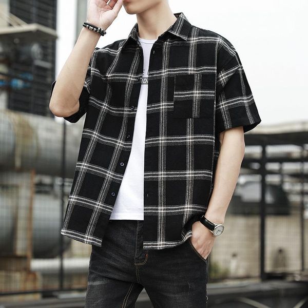 

men's casual shirts summer thin plaid shirt loose trendy handsome hong kong style all-match short-sleeved clothing, White;black