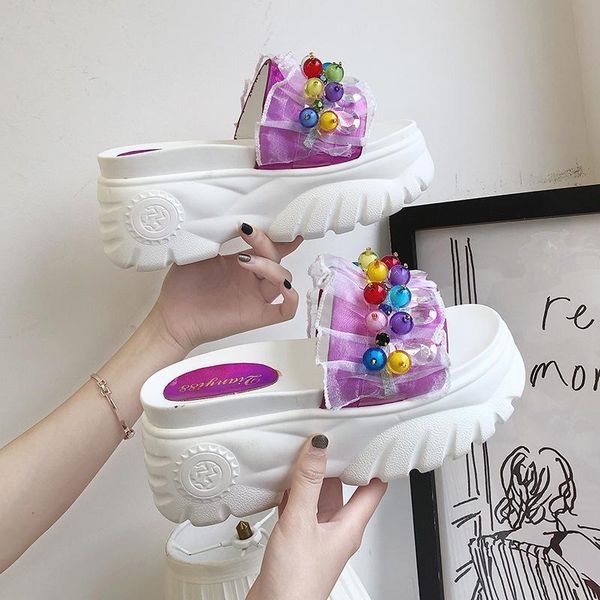 

slippers 2021 women chunky platform 8cm high wedges shoes woman luxury designers flip flops ladies outside casual slides summer, Black