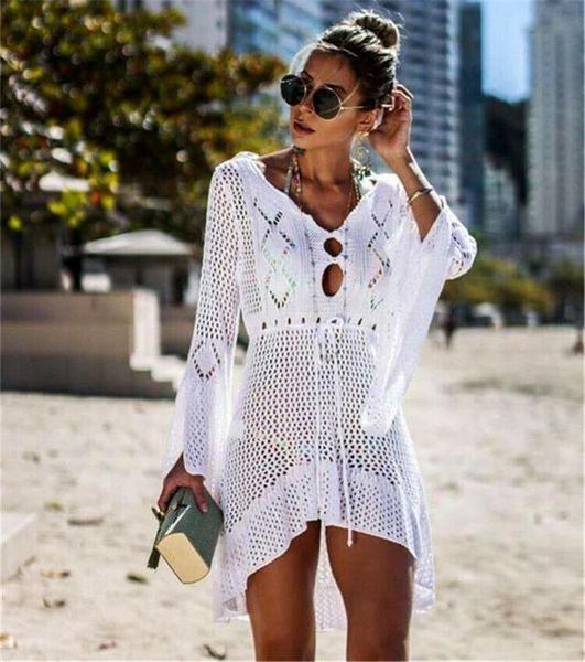 

women long sleeve bathing suit lace hollow out bandage crochet bikini cover up swimwear summer beach empire dresses wear casual, Black;gray