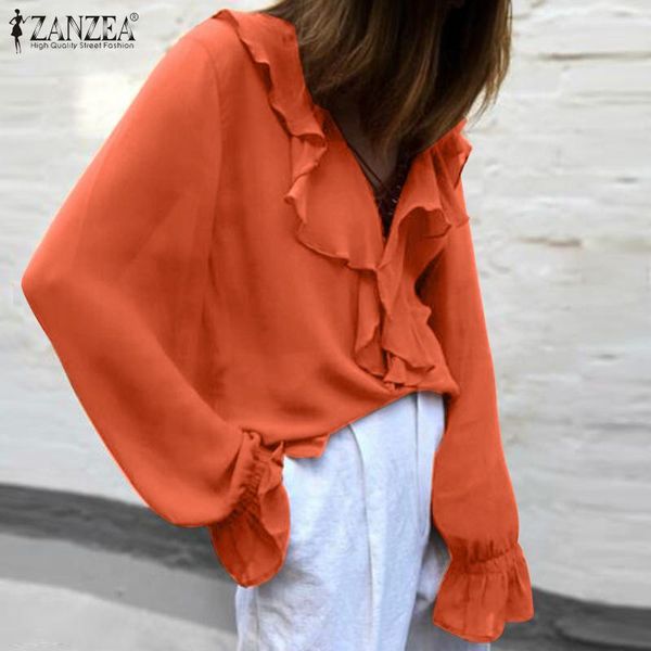 

women's blouses & shirts lace up long flared sleeve zanzea woman v neck casual loose solid ruffles outwear chemise plus size female, White