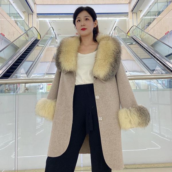 

women's fur & faux women real jacket natural collar and cuffs autumn winter wool blends jackets knee-length outwear, Black