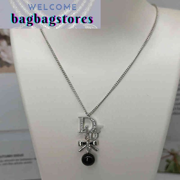 

d family medieval bow letter exquisite women's temperament necklace black pearl jewelry, Silver
