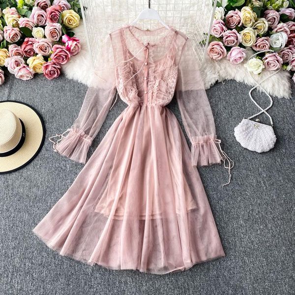 

casual dresses 2021 spring autumn tulle dress women slim sweet ruffles mesh ladies elegant v neck midi long robe vestidos, Black;gray