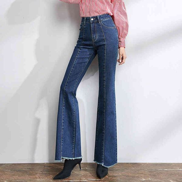 

jean chic spring korea women jeans long trousers cotton denim high waist ol slim line leg flare plus size 27~31, Blue