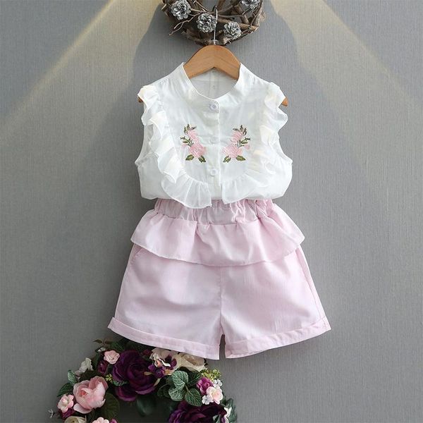 

clothing sets girls summer floral embrioderied children sleeveless t-shirt+pink shorts 2pcs kids suit fashion 2-7t clothes, White