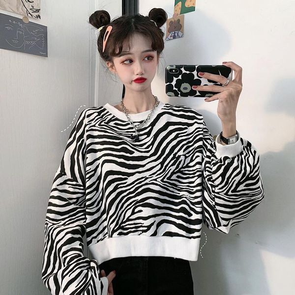 

women's hoodies & sweatshirts autumn winter clothes women fashion crop korean zebra pattern casual loose long sleeve hipster pullovers, Black