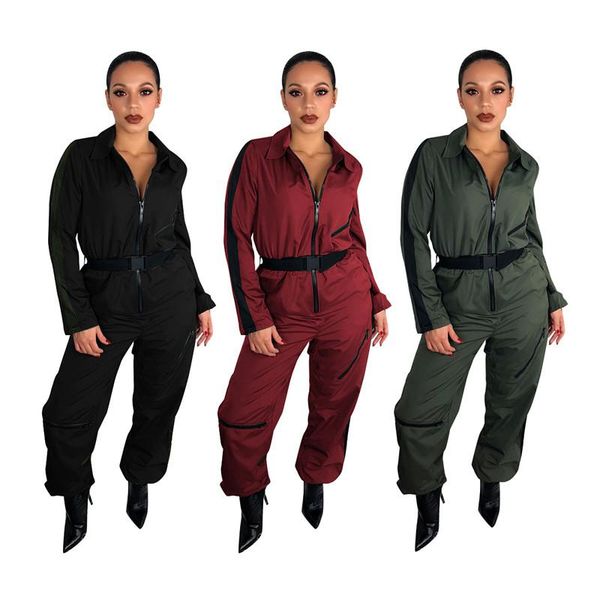 

women's jumpsuits & rompers autumn turn down collar women zip long sleeve stripe jumpsuit belt pants female casual playsuit overalls, Black;white