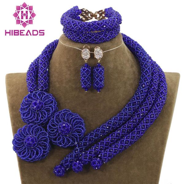 

earrings & necklace romantic royal blue crystal flowers chunky african beads jewelry bridal nigerian sets inabh205, Silver