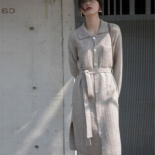 

knitted dresses 2021 autumn winter elegant basic shirt dress single breasted sashes slim waist sweater vestidos femme casual, Black;gray