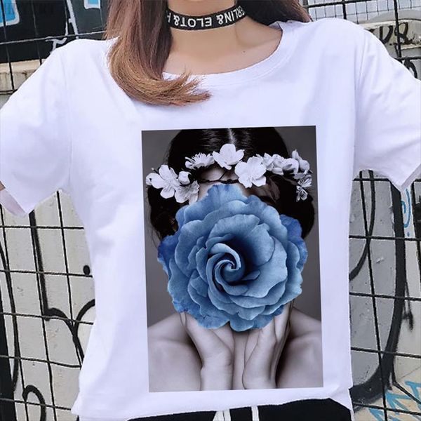 

fashion beauty flower printing gril mens t shirt summer harajuku size casual short sleeved o neck female, White;black