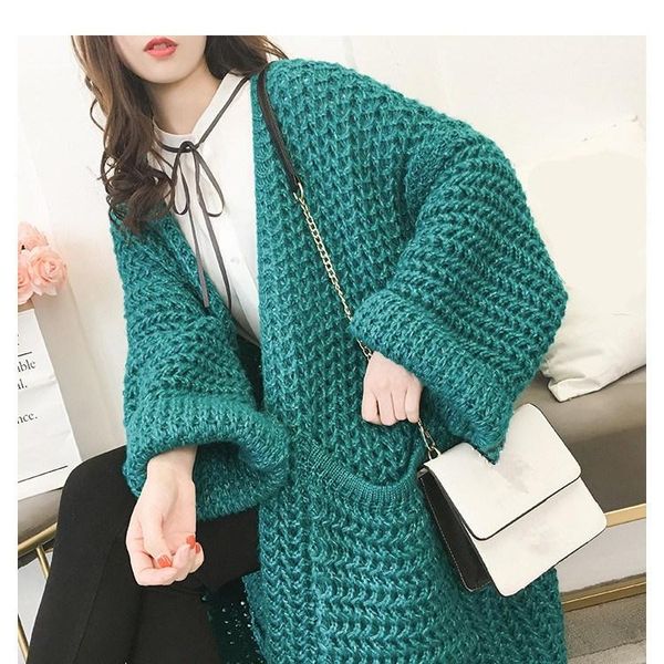 

women's sweaters 2021 women solid thick knitted cardigan autumn winter pocket coarse line long casual flare sleeved loose coats, White;black