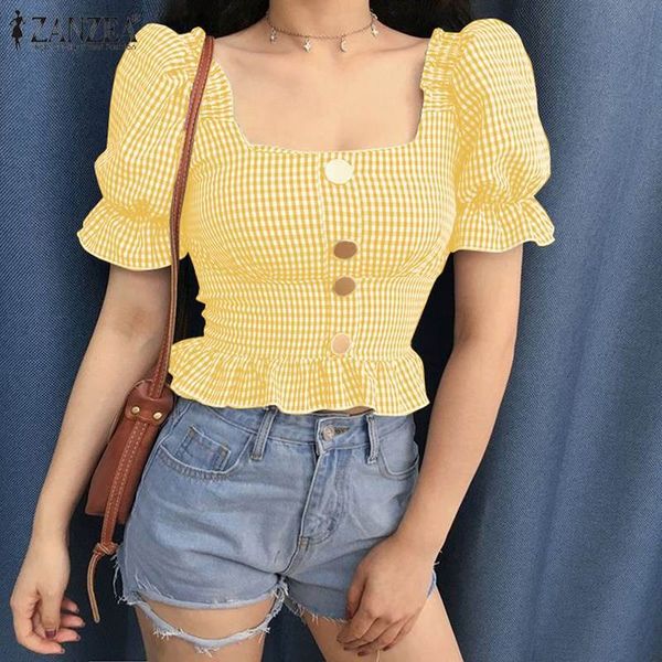 

blouses korean check women's square neck blouses 2021 elastic high waist shirts puff sleeve ruffle blusas plus size tunic, White