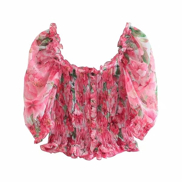 

summer women floral print chiffon short shirt female puff sleeve blouse casual lady slim crop blusas s8897 210430, White