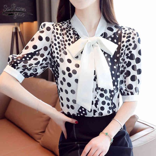 

blusas mujer de moda summer bow tie polka dot chiffon shirt women office lady loose short sleeve blouse 9544 210521, White