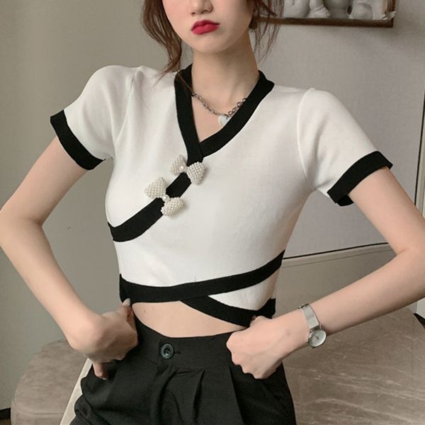 Lucyever White Patchwork Manga Curta T Camisetas Mulheres Moda Slim Fit Pérola Bow V Neck T-shell Tees Coreano CHIC CHIC TOPOS MULHER 210521