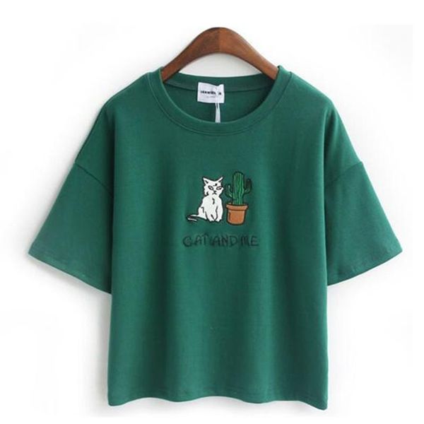 

women's t-shirt cactus cat embroidery women harajuku t shirts 2021 summer short sleeve o-neck korean fashion cotton tees shirt kawaii c, White