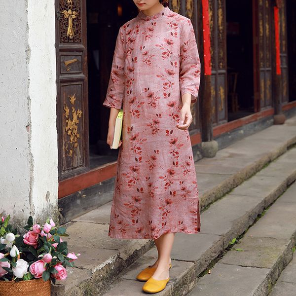 

johnature women chinese style dresses ramie vintage cheongsam spring seven sleeve print floral dresses 210521, Black;gray