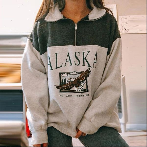 

eagle vintage letter printing womens hoodie cotton loose oversized pullover polo collar plus size warm winter, Black