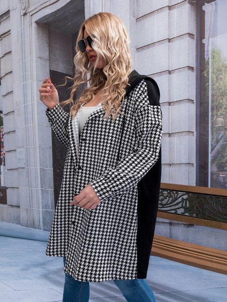 

plus houndstooth print drop shoulder hooded coat w7tv#, Black