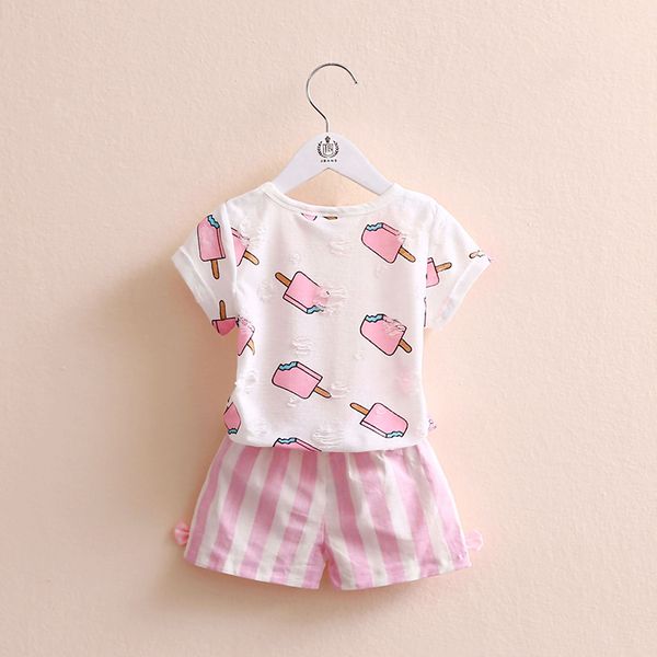 

girls clothing set 2021 summer cotton 2-10t years old kids girl ice cream print t shirt+white pink striped bow shorts 2 pcs sets, White;black