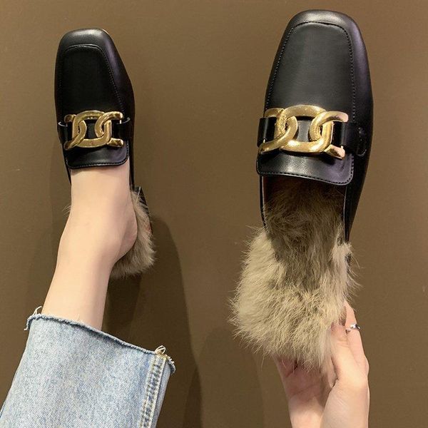 

golden chain slippers soft warm plush square toe gingham slides socofy slip on loafers mules flip flops zapatillas mujer, Black