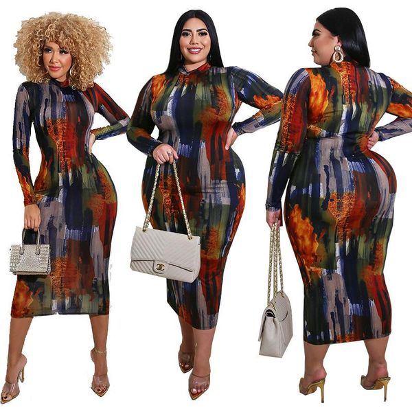 

casual dresses 2021 est skinny women irregularity printed long sleeve turtleneck plus size s-5xl lady nightclub bodycon, Black;gray