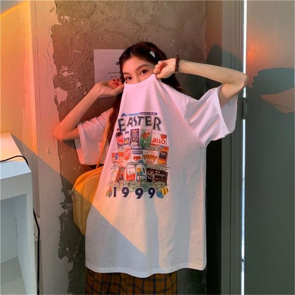 

women's t-shirt 2021 summer graffiti korean trend loose wild fashion round neck pullover cotton short sleeves, White