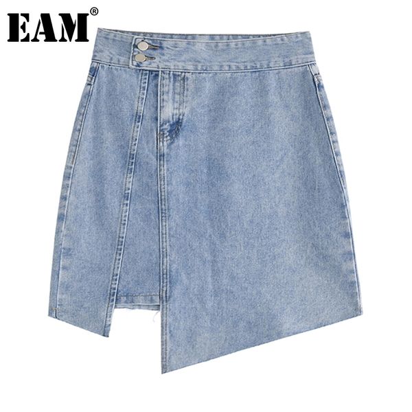[EAM] Синий нерегулярный случайные высокие талии полу-тела джинсовые над коленей мини-юбка женщины мода весна лето 1dd7904 210512