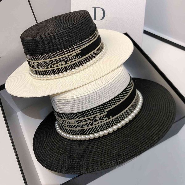 

summer hepburn color matching old flower pearl flat straw hat, Black;white