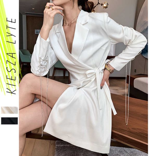 Blazer bianco da donna autunno manica lunga catene bling office lady blazer slim giacca outwear sfilata di moda 210608