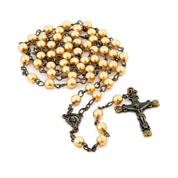 

pendant necklaces 6mm glass imitation pearls rosary beads necklace christ jesus cross catholic christian prayer jewelry gift, Silver