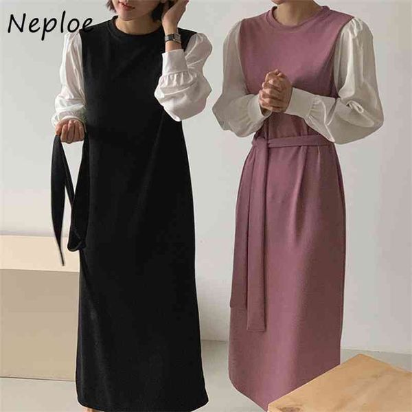 

o neck panelled patchwork fake two piece dresses spring all-match vestidos chic drawstring slim waist women dress 210422, Black;gray