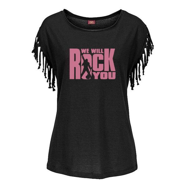 

we will rock you women cotton tassel casual t-shirt queen rock band tees short sleeve o-neck womens rock roll clothing t shirt, White