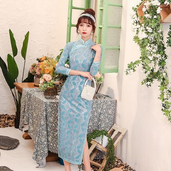 

spring blue sweet lace improved cheongsam women slim elegant chinese dress vintage button trim novelty qipao -4xl ethnic clothing, Red