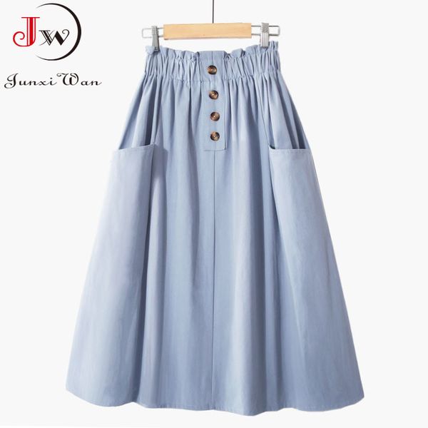 

women summer skirt spring korean style casual solid high waist a-line midi skirts with pocket girls elegant faldas 210510, Black